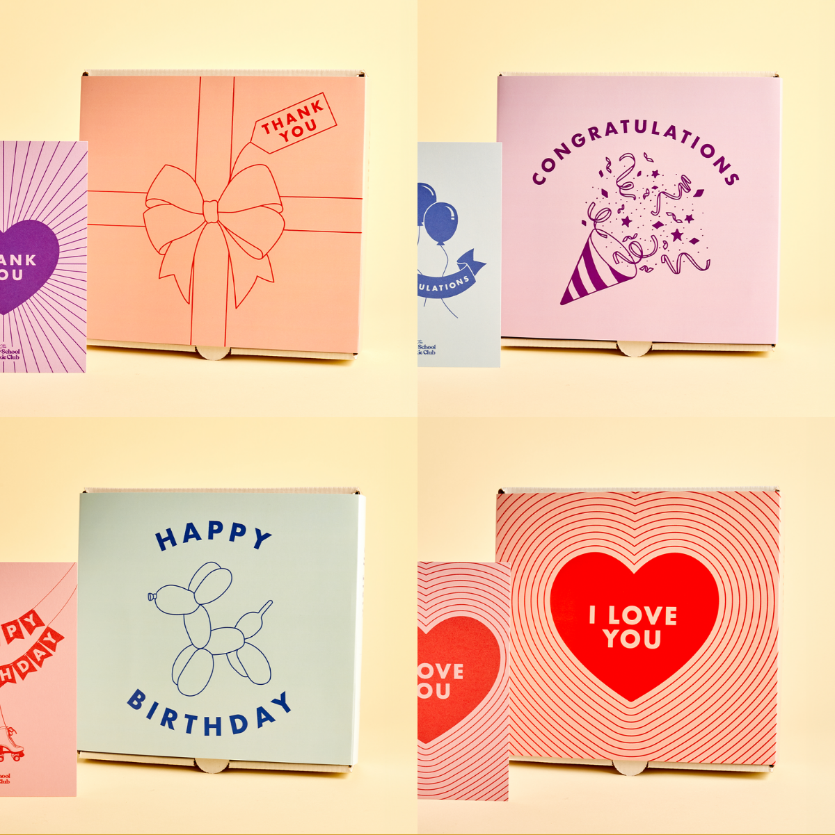 Collection of small greeting cards with various designs on a yellow background