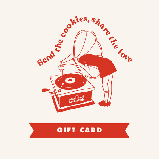 Gift card design with a record player, text 'Send the cookies, share the love', and 'After School Cookie Club' branding.
