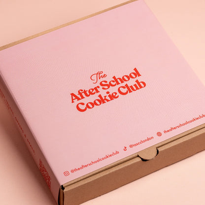 Pink box with 'The After School Cookie Club' text on a pink background